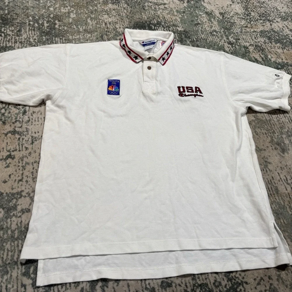 Vintage 1990s Champion USA Olympic Polo Shirt XL 1996 Atlanta NBC Patch